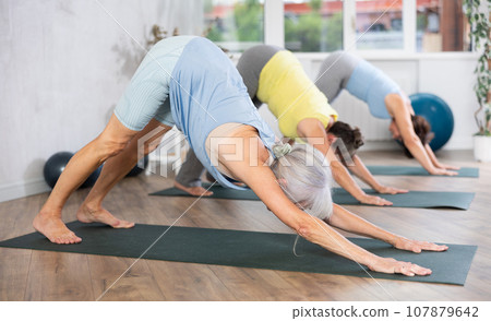 Old woman practicing downward dog pose of yoga in training room during fitness classes Old woman practicing downward dog pose of yoga in training room during fitness classes 107879642