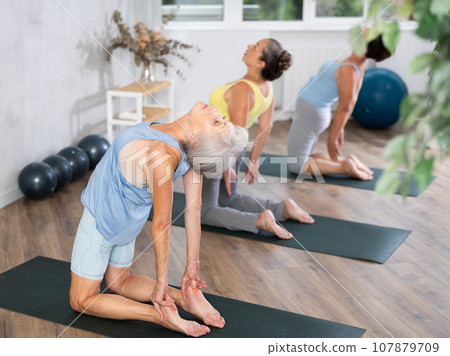 Elderly woman performs camel pose, Ushtrasana to improve mobility of spine and stretch muscles 107879709