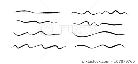 Rough jagged lines set. Grunge wavy brush strokes collection. Black underlines textured curved pen waves. Hand drawn imitation elements for banner, banner, decoration. Doodle uneven wiggles. Vector 107879760