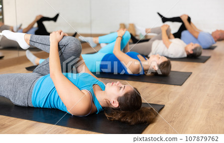 Young woman practicing pilates on mat in gym area Young woman practicing pilates on mat in gym area 107879762