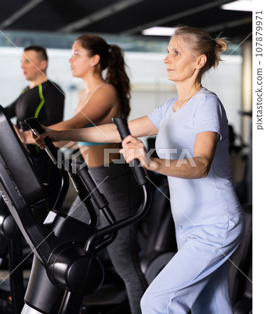 Elterly woman in sportswear doing cardio training on ellipsoid in gym Elterly woman in sportswear doing cardio training on ellipsoid in gym 107879971