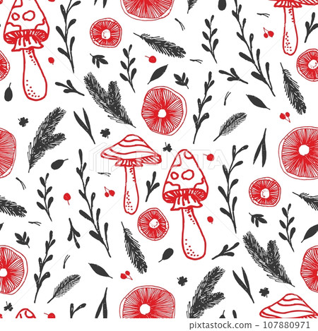 Mushroom caps, berries, fir branches, fir needles leaves for printing, fabric, textile, manufacturing, wallpapers. Hand drawn seamless vector pattern. 107880971
