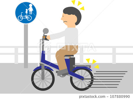 Image illustration of a violator riding a full electric bicycle at speed on the sidewalk Image illustration of a violator riding a full electric bicycle at speed on the sidewalk 107880990