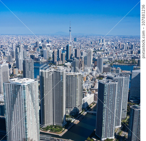 東京晴空塔在陽光明媚的日子裡的城市風光 東京晴空塔在陽光明媚的日子裡的城市風光 107881236