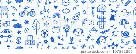 Kindergarten doodle vector background. Hand drawn doodle style children cute seamless pattern, preschool wallpaper. Kids education simple background with toy, car, house elements. Vector Kindergarten doodle vector background. Hand drawn doodle style children cute seamless pattern, preschool wallpaper. Kids education simple background with toy, car, house elements. Vector 107881895