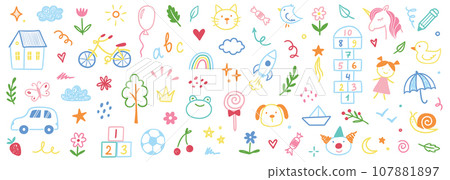 Children school, kindergarten vector doodle set. Cute daycare hand drawn flower, toy, animal elements. Childish cute preschool activity, education doodle background. Vector 107881897