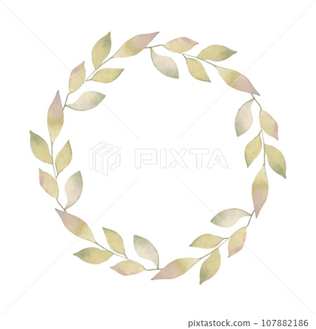 Round wreath, frame of branches with leaves. A simple forest design element. Ideal for seasonal advertising, invitations, cards, thanksgiving.Hand drawn watercolor art 107882186
