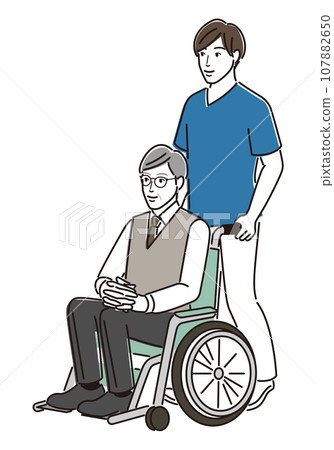 坐在輪椅上的老人和男性護理人員 107882650