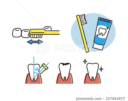 Simple tooth illustration with toothbrush and toothpaste 107882657