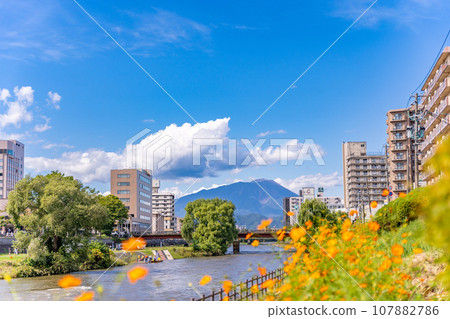 從開雲橋看到的北上川和岩手山、開雲橋花壇和散步道、盛岡的正門 107882786