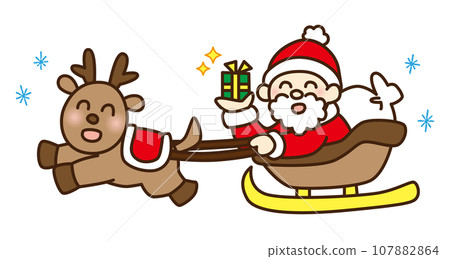 聖誕老人騎著馴鹿拉的雪橇送禮物的插圖 聖誕老人騎著馴鹿拉的雪橇送禮物的插圖 107882864