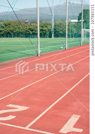Geolmae Eco Park running track and soccer field with Hallasan Mountain in Jeju island, Korea Geolmae Eco Park running track and soccer field with Hallasan Mountain in Jeju island, Korea 107883151