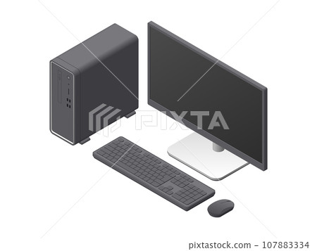 Illustration of a separate desktop PC drawn using isometric projection 107883334