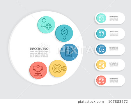 abstract circle steps timeline infographic element report background with business line icon 5 steps abstract circle steps timeline infographic element report background with business line icon 5 steps 107883372