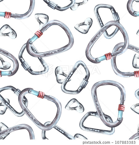 Metal sport grey climbing carabiner seamless pattern. Isolated on a white background Hand drawn illustration Boulder equipments Repeating design for wrapping paper, wallpaper, textiles packaging print Metal sport grey climbing carabiner seamless pattern. Isolated on a white background Hand drawn illustration Boulder equipments Repeating design for wrapping paper, wallpaper, textiles packaging print 107883383