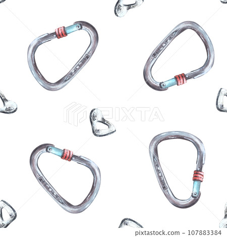 Metal sport grey climbing carabiner seamless pattern. Isolated on a white background Hand drawn illustration Boulder equipments Repeating design for wrapping paper, wallpaper, textiles packaging print 107883384