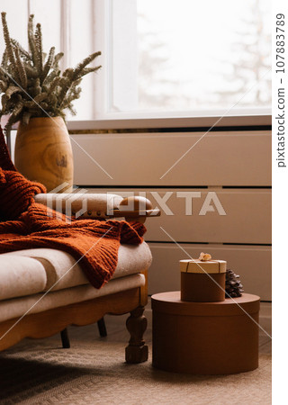 Cozy Christmas decor in the living room. Fir branches in a vase near a sofa with a blanket and a window 107883789
