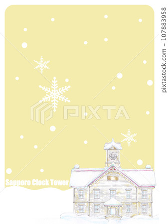 白雪皚皚的札幌鐘樓插圖背景米色 107883958