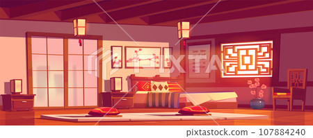 Japanese hotel bedroom interior cartoon vector Japanese hotel bedroom interior cartoon vector 107884240