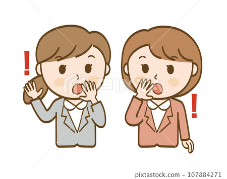 Set of two female office workers who are surprised and cover their mouths Set of two female office workers who are surprised and cover their mouths 107884271