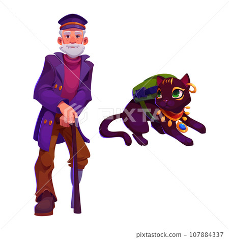 Old sailor captain one leg character, cat vector 107884337