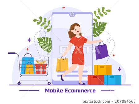 Mobile E-Commerce Vector Illustration of Smart Phone for Activities of Online Shopping and Digital Marketing Promotion with Bag and Gift Box Design 107884565