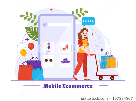 Mobile E-Commerce Vector Illustration of Smart Phone for Activities of Online Shopping and Digital Marketing Promotion with Bag and Gift Box Design Mobile E-Commerce Vector Illustration of Smart Phone for Activities of Online Shopping and Digital Marketing Promotion with Bag and Gift Box Design 107884567