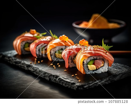 Very delicious and appetizing looking sushi with blurred background Very delicious and appetizing looking sushi with blurred background 107885128