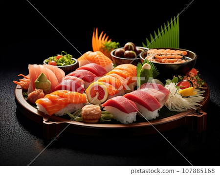 Very delicious and appetizing looking sushi with black background Very delicious and appetizing looking sushi with black background 107885168