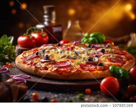 Very delicious and appetizing looking pizza with blurred background Very delicious and appetizing looking pizza with blurred background 107885169