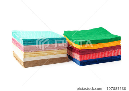Two stacks of colorful paper napkins on white background 107885388