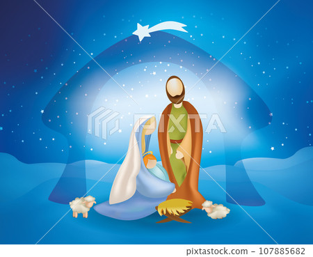 Christmas nativity scene with holy family -Joseph Mary baby Jesus and sheep Christmas nativity scene with holy family -Joseph Mary baby Jesus and sheep 107885682