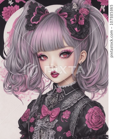 紅紫色女孩插畫藝術（AI生成圖像） 107885865