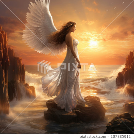 A beautiful white archangel descended from heaven. A girl in a sexy suit with huge white wings 107885911