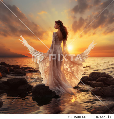 A young sexy girl in white dress standing in the background sunset 107885914