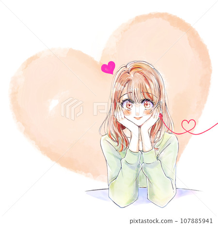 女人靠在下巴上，愛，紅線 107885941
