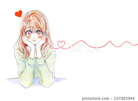 Woman leaning on her chin, love, red thread 107885944