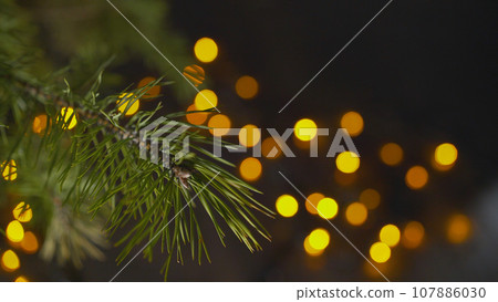Branches of a Christmas tree in the foreground. Glowing yellow lights from bulbs and garlands on a blurred background. New Year atmosphere and blurred background. Christmas background fir tree branch 107886030