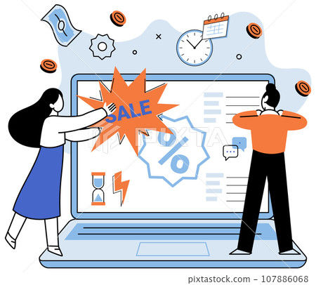 Promotion discount sale. Vector illustration. Forecast of future sales, beacon of light in foggy future of business Flash sale online, blitz of bargain hunting in virtual world Sales index, pulse 107886068