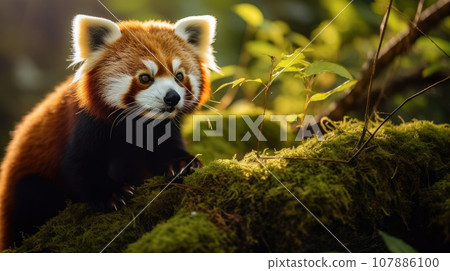Red panda perched on a mossy branch in forest - Stock Illustration ...