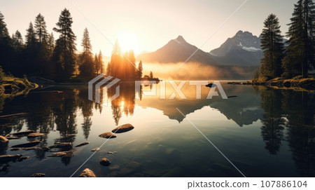 Sunrise at a mountain lake surrounded by mountains and forests 107886104