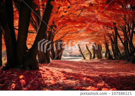 An autumn background with a dense forest, tree branches with vibrant red and orange leaves An autumn background with a dense forest, tree branches with vibrant red and orange leaves 107886121