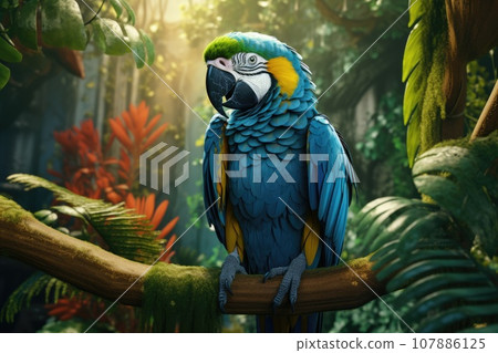 Blue scarlet macaw parrot in jungle. 107886125