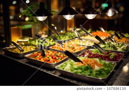 Buffet meals inside the restaurant with vegetable salads Buffet meals inside the restaurant with vegetable salads 107886130