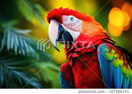 Colorful scarlet macaw parrot in jungle. 107886143