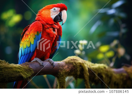 Colorful scarlet macaw parrot in jungle. 107886145