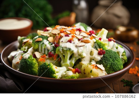 Fresh broccoli and cauliflower salad with Tahini dressing on plate Fresh broccoli and cauliflower salad with Tahini dressing on plate 107886162