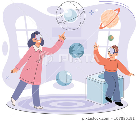 Family studying in virtual or augmented reality with VR headset. Happy mother and child in AR glasses at home. People and interactive cyberspace with various planets and space objects in living room Family studying in virtual or augmented reality with VR headset. Happy mother and child in AR glasses at home. People and interactive cyberspace with various planets and space objects in living room 107886191