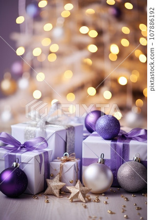 White and purple Christmas balls and Christmas gift boxes White and purple Christmas balls and Christmas gift boxes 107886192