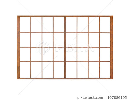 Japanese house wooden door window frame isolated on white background 107886195